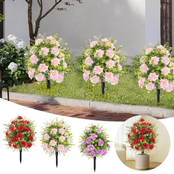 GeBuSn Flowers For Garden Decoration Beautiful Faux Roses With Ground For Yard Patio Farmhouse And Wedding Events Indoor And Outdoor Floral Arrangements (Pink)