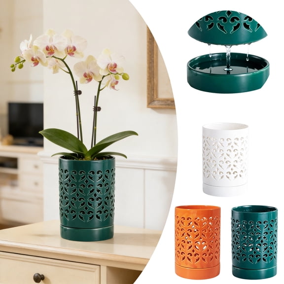 GeBuSn Orchid Pots with Holes and Saucer, 4 Inch Ceramic Slotted Orchid Planter Pots for Repotting Indoor Outdoor Plant, Elegant Orange White and Dark Green (Dark Green)