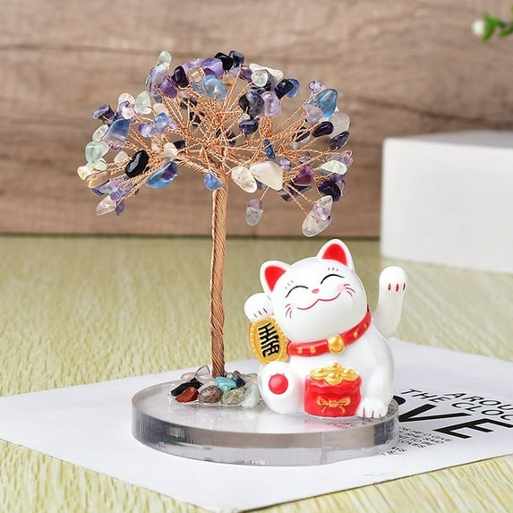 GeBuSn Solar Powered Waving Cat With Tree Base Handmade Crystal Stone Feng Shui Desk Ornament For Home (Multicolour)