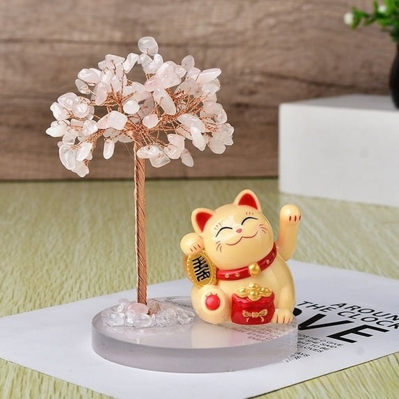 GeBuSn Solar Powered Waving Cat With Tree Base Handmade Crystal Stone Feng Shui Desk Ornament For Home (Pink)
