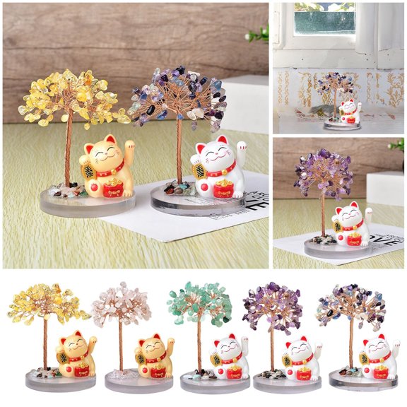 GeBuSn Solar Powered Waving Cat With Tree Base Handmade Crystal Stone Feng Shui Desk Ornament For Home (Purple)
