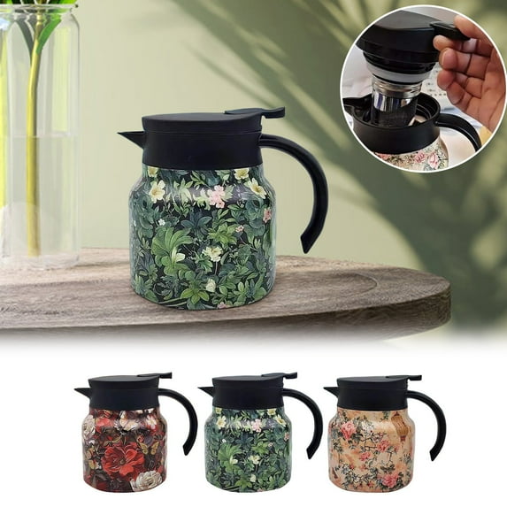 GeBuSn Vintage Floral Pattern Tea Tea Pot Vintage Floral Pattern Tea Built In Infuser Mini Hot Coffee Pot Stainless Steel Thermal Carafe With Lid For Hot Drinks (B)