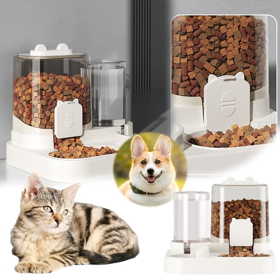 GeBuSn White Automatic Cat Feeder With Built In Drinking Bowl | 1.8L For Indoor With Removable Kibble Bowl For Small And Medium Breeds