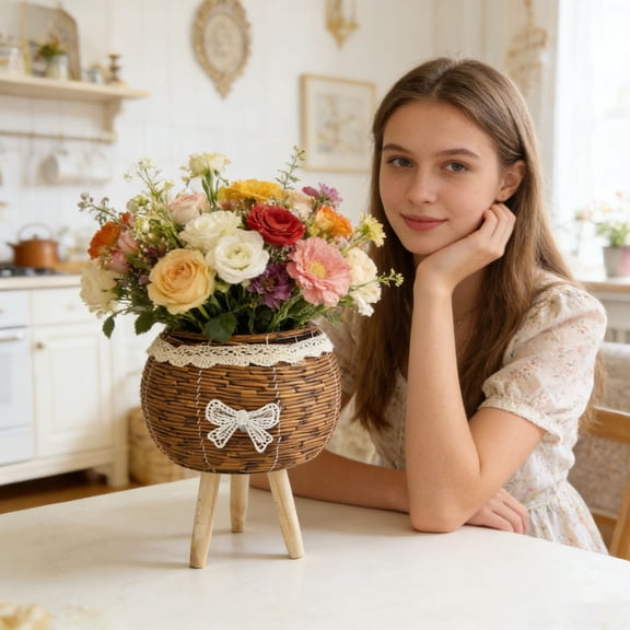 GeBuSn Woven Style Stand With Wooden Tripod Legs Decorative Indoor Outdoor Flowerpot Holder For Home (Brown)