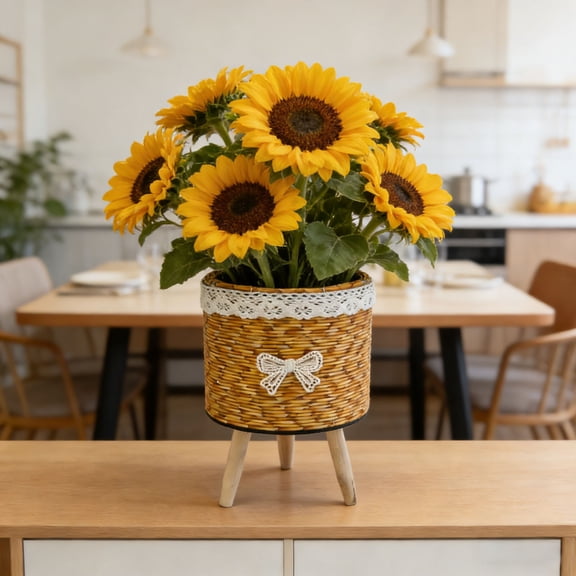 GeBuSn Woven Style Stand With Wooden Tripod Legs Decorative Indoor Outdoor Flowerpot Holder For Home (Yellow)