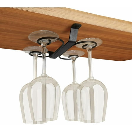 GeLive 9-inch Under Cabinet Wine Glass Holder Stemware Rack Glass Storage Hanger With 4 Hooks Organizer for Kitchen Bar RV (Black)