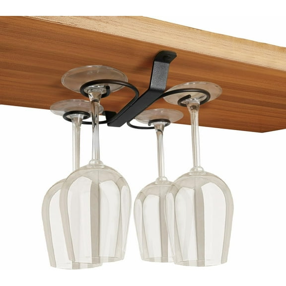 GeLive 9-inch Under Cabinet Wine Glass Holder Stemware Rack Glass Storage Hanger With 4 Hooks Organizer for Kitchen Bar RV (Black)