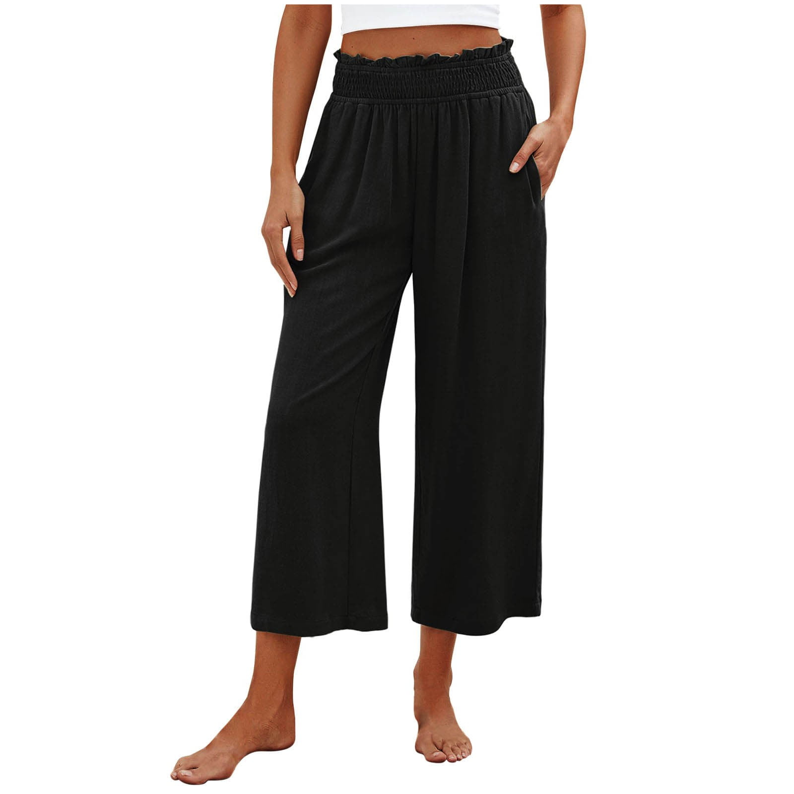 19Momme Silk Women's High Waist Pleated Wide Leg Capri Pants