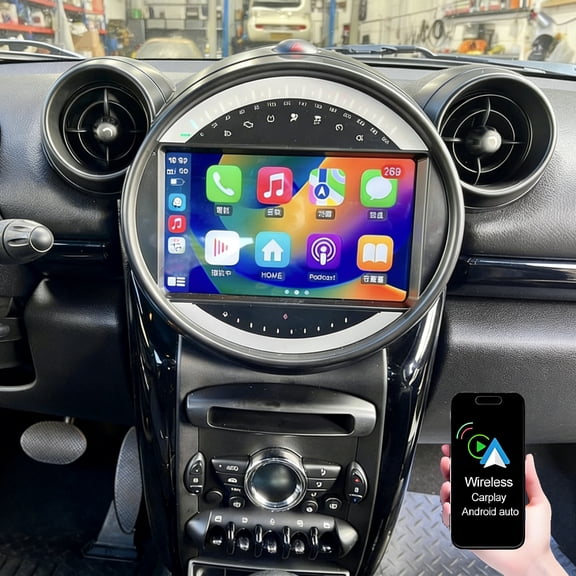 Geabo 2+32G Car Stereo for Mini Cooper 2011-2016 with Wireless Carplay Android Auto, 9in Car Radio with GPS WiFi Bluetooth FM/RDS SWC Split Screen + AHD Backup Camera