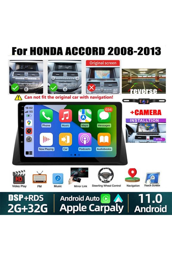 2+64G Car Stereo for Honda Accord 8th Gen 2008-2013 External Installation with Wireless CarPlay Android Auto 10inch Touch Screen Support Bluetooth FM GPS WiFi