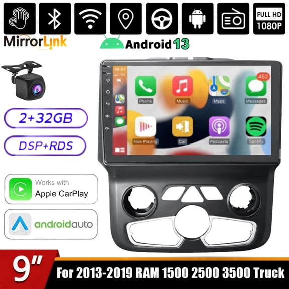 Geabo 2+64G Car Stereo for Dodge Ram 2013-2019 with Wireless CarPlay Android Auto 9inch Touch Screen Support Bluetooth FM GPS WiFi
