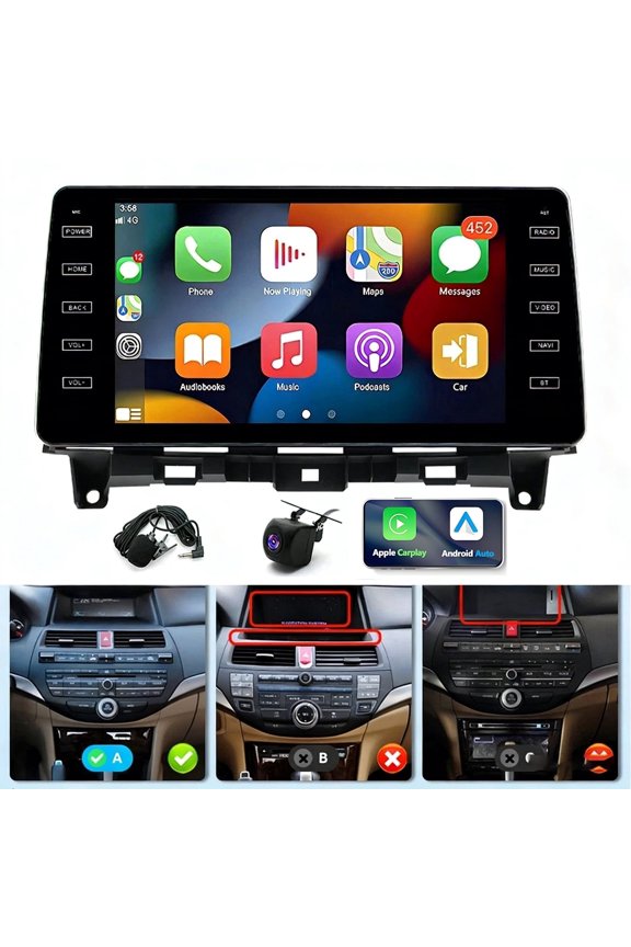 Geabo 4+64G Android Car Stereo Radio for Honda Accord 8th 2008-2013, 9'' HD Touch Screen with Wireless CarPlay Android Auto, AHD Backup Camera, Mirror Link, GPS, WiFi, Bluetooth