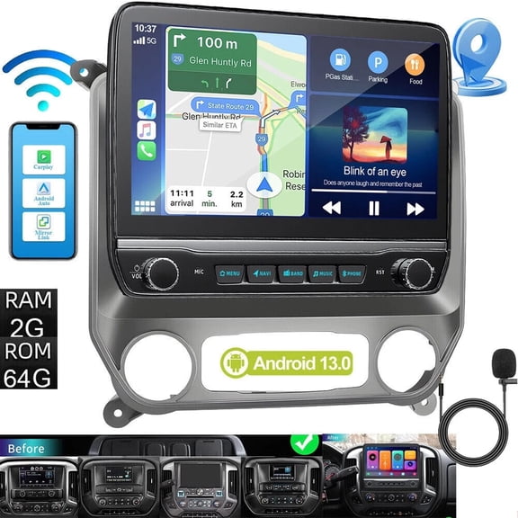 Geabo Android 15 Car Radio for Chevy Silverado 2014-2018, 4+64GB 10 Inch HD Touchscreen Stereo with Wireless CarPlay & Android Auto,Bluetooth FM/RDS WiFi Backup Camera