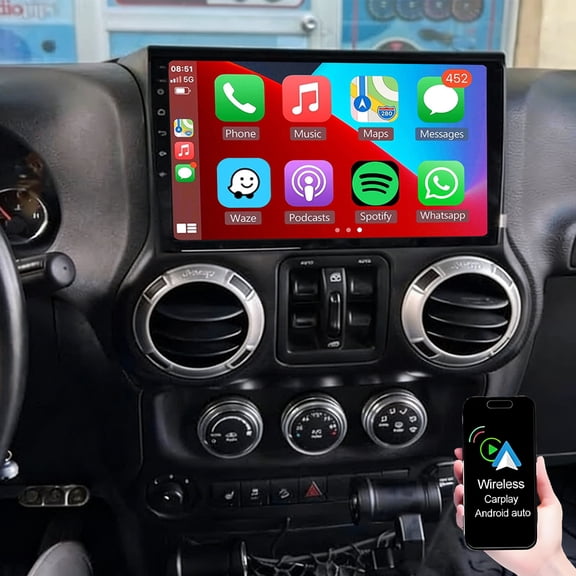 Geabo Car Stereo Radio 2+32G for Jeep Wrangler 2011-2014 with Wireless Carplay Android Auto, 10in Android 13 GPS Navigation Head Unit Support Bluetooth WiFi FM/RDS SWC Backup Camera