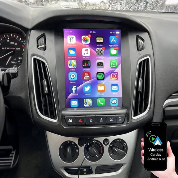 Geabo Car Stereo Radio for Ford Focus 2012-2018 with Wireless Carplay Android Auto, 9.7 Inch IPS Touch Screen Support GPS Navigation Bluetooth FM/RDS WiFi Mirror Link Backup Camera 2G RAM+64G ROM