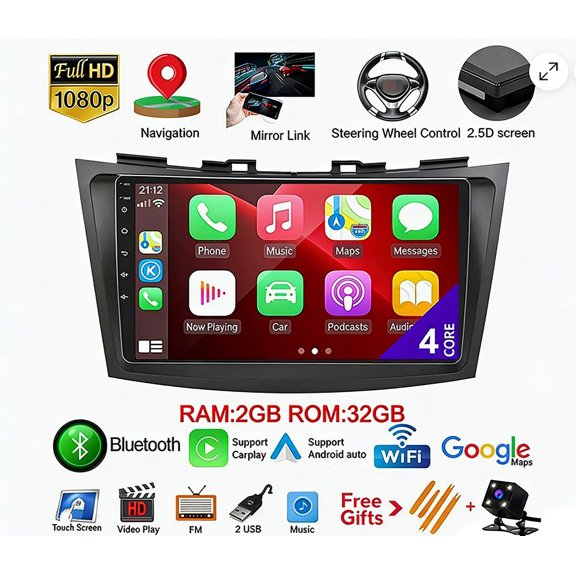 Geabo Car Stereo for Suzuki Swift 2010-2016, Android 15 9 Inch Touchscreen Radio with CarPlay Android Auto GPS Navigation WiFi Bluetooth FM SWC Mirror Link 4GB+64GB