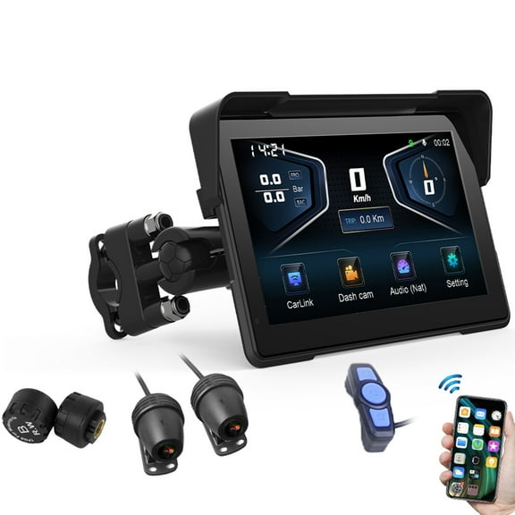 Geabo Motorcycle GPS Navigation Screen 7in Support CarPlay Android Auto 1080P Dual Dash Cam IP67 Waterproof for Scooter Moped