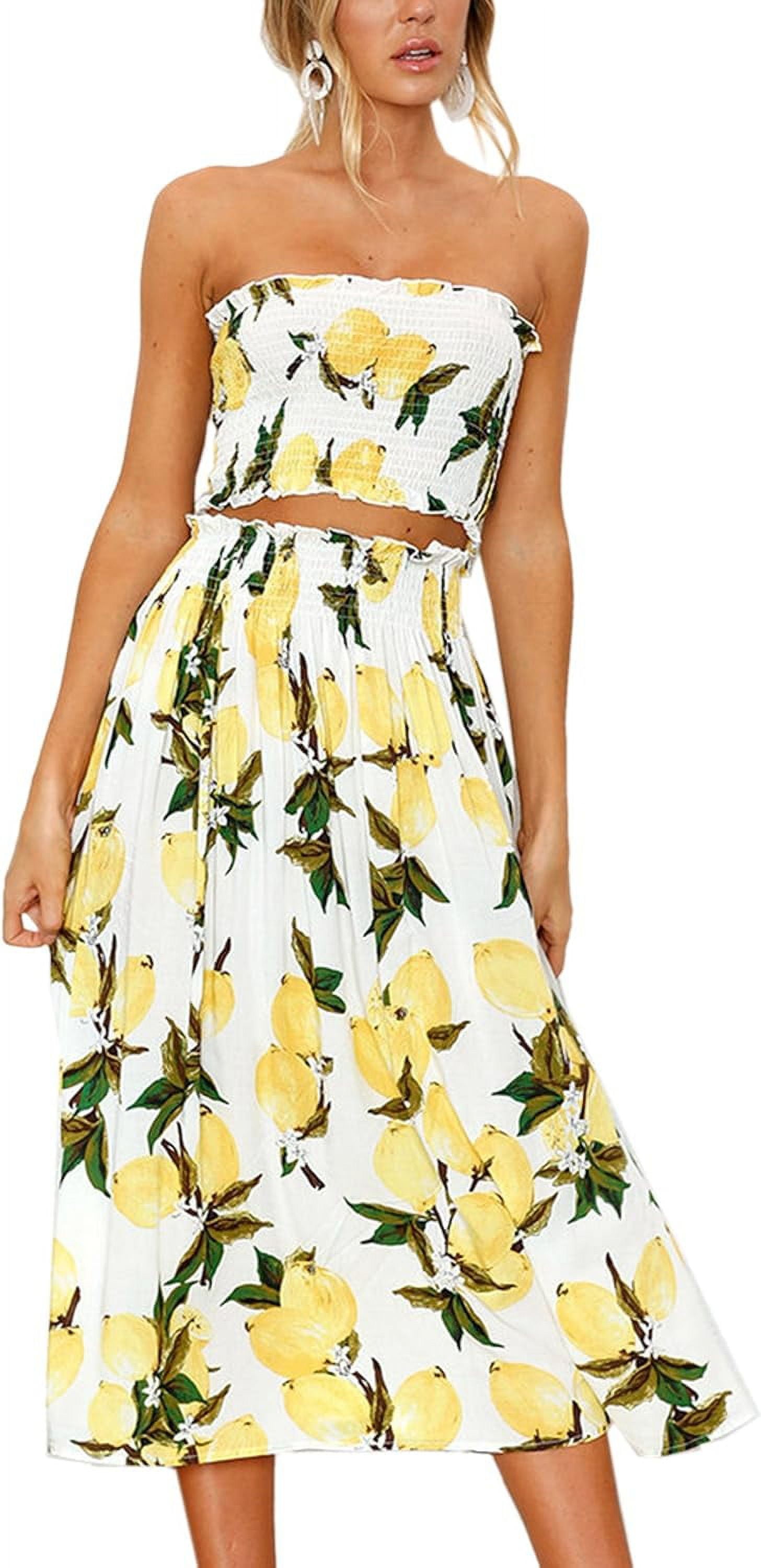 Lemon Print White and Yellow Crop Top Maxi Skirt Set