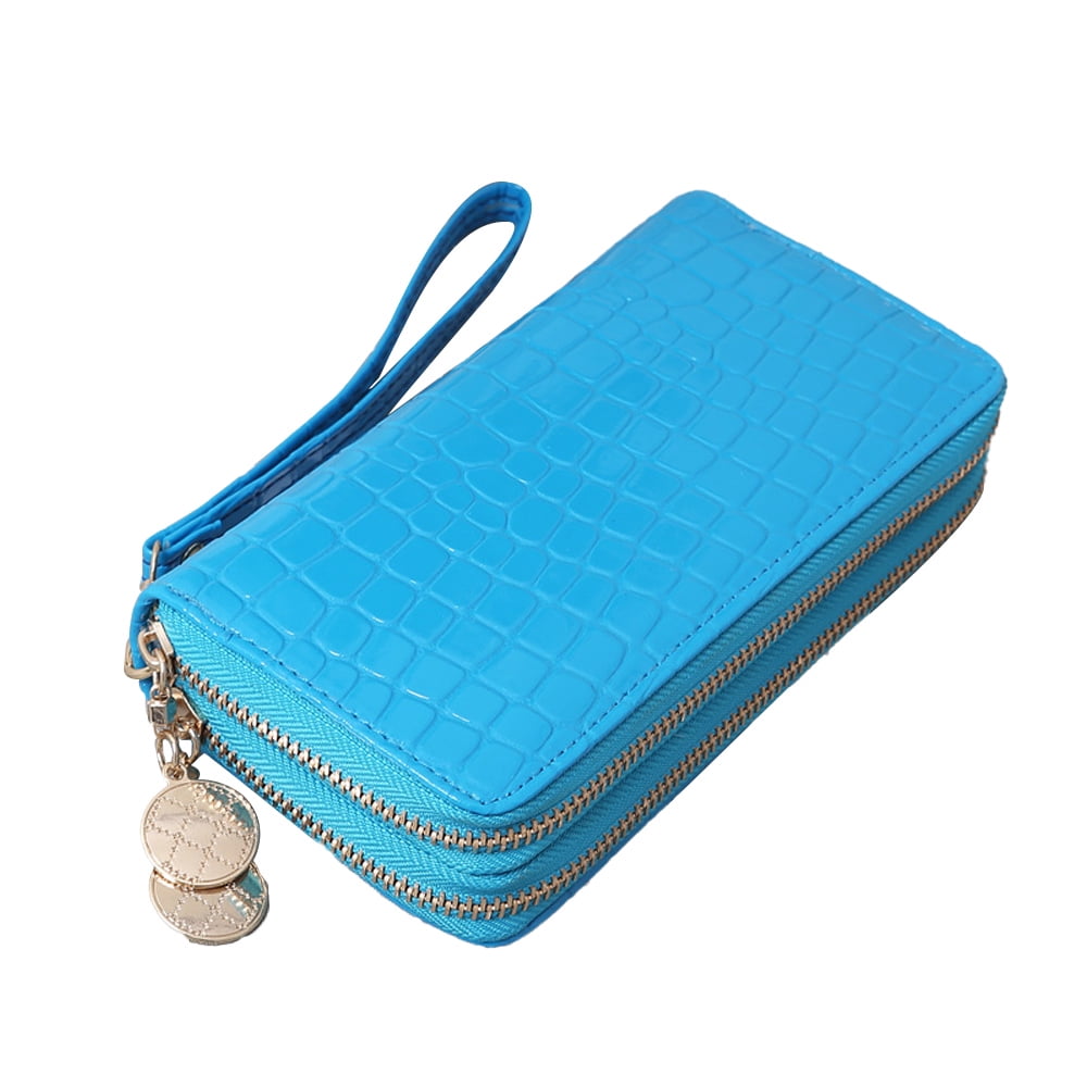 Gealach Women's Stone-Grain Wallet, Genuine Leather, Double Zippers, Blue, 19.5*3.5*9.5 cm