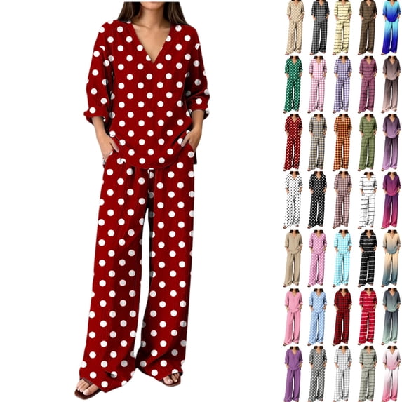 Gealkoca 2 Piece Sets for Women Casual Summer Travel Vacation Outfits Women Polka Dot Print 2 Piece Matching Set V Neck Roll Long Sleeve Top Wide Leg Pocket Summer Vacation Casual Loungewear Outfit