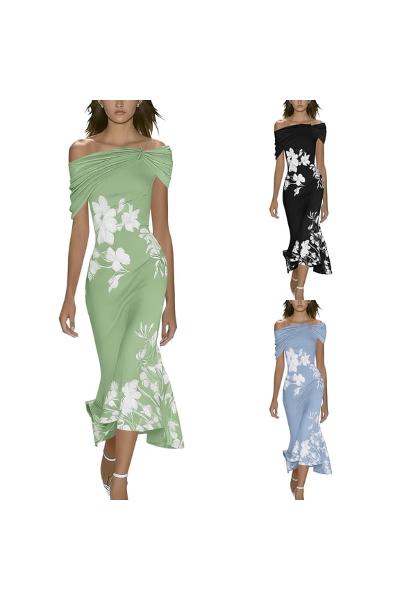 Bodycon Dresses for Women Floral Off Shoulder Fishtail Cocktail Dress Summer Prom Dresses for Wedding Guest Elegant Floral Print Maxi Dresses