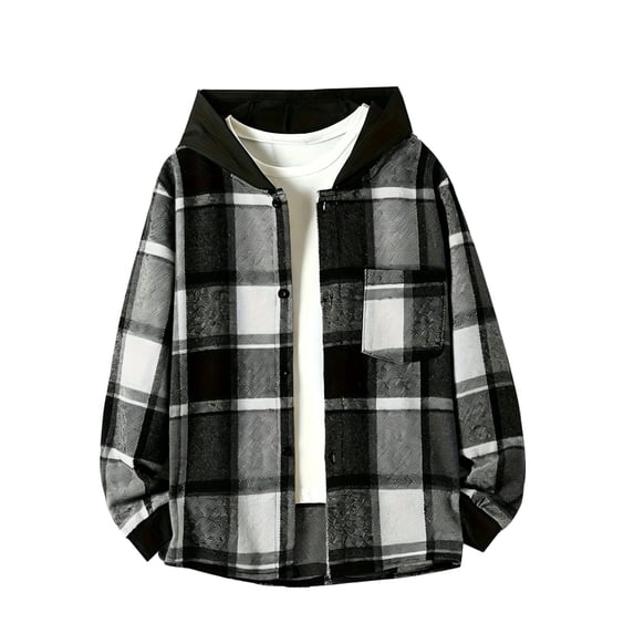 Gealkoca Boys Hooded Plaid Button Down Shirt Jacket, Long Sleeve Casual Flannel Outwear with Pocket, Lightweight Fall Coat for Kids Ages 5-15 Years