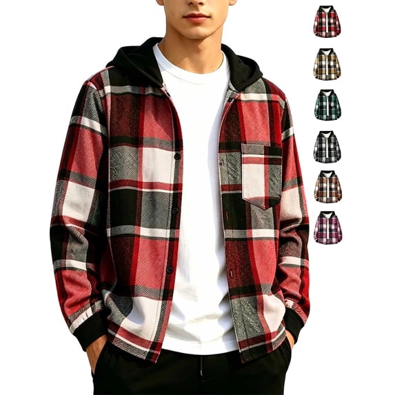 Gealkoca Boys Hooded Plaid Button Down Shirt Jacket, Long Sleeve Casual Flannel Outwear with Pocket, Lightweight Fall Coat for Kids Ages 5-15 Years