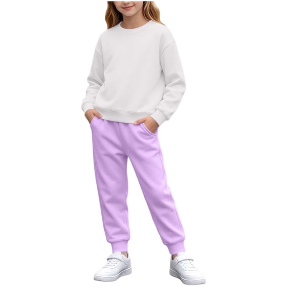 Gealkoca Children's Solid Color Round Neck Long Sleeved Sweatshirt Sweatpants Fleece Suit Pullover Jogging Pants Set 2 Pieces Sweatsuit 1-13 Years