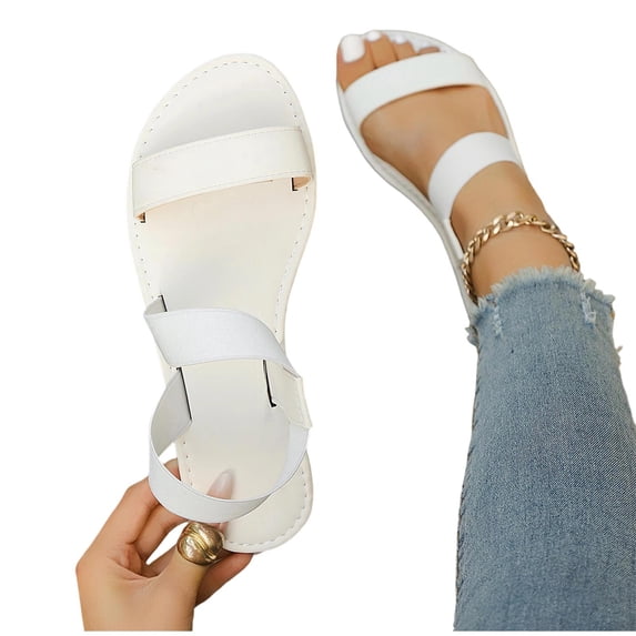Gealkoca Elastic Ankle Strap Flat Sandals for Women Comfortable Elastic Strappy Sandals Round Toe Summer Slides for Walking Beach & Travel
