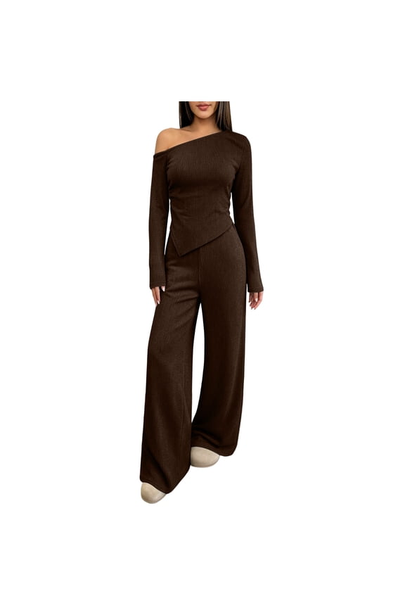 Fall Two Piece Sets For Women One Shoulder Tops Long Pants Knit Matching Lounge Set Womens Casual 2 Piece Top and Pants Home Wear Set