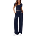 thumbnail image 1 of Gealkoca Fashion Women's Two Piece Matching Lounge Set Short Sleeve Solid Color Side Ruching V Neck Top Wide Leg Drawstring Pants Set with Pockets, 1 of 7