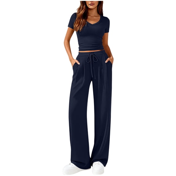 Gealkoca Fashion Women's Two Piece Matching Lounge Set Short Sleeve Solid Color Side Ruching V Neck Top Wide Leg Drawstring Pants Set with Pockets
