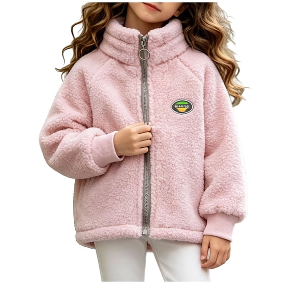 Gealkoca Girls Fleece Lined Full-Zip Jacket Winter Plush Warm Coats Soft & Cozy Stand-Collar Coat Long Sleeve Soft Outerwear with Pockets 1-12Y