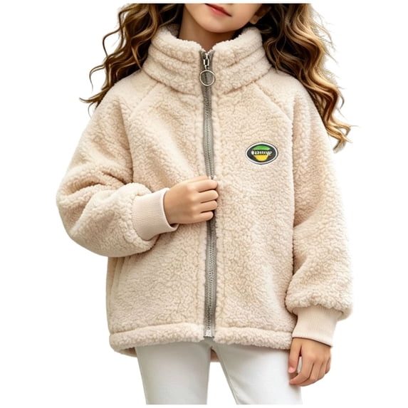 Gealkoca Girls Fleece Lined Full-Zip Jacket Winter Plush Warm Coats Soft & Cozy Stand-Collar Coat Long Sleeve Soft Outerwear with Pockets 1-12Y