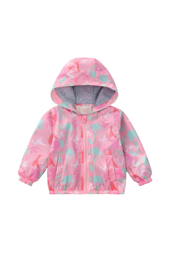 Girls' Lightweight Windbreaker – Water Resistant Hooded Jacket with Cartoon Animal Print & Knit Lining, Casual Zip-Up Spring Fall Coat for School & Play