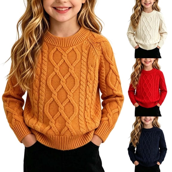 Gealkoca Girls Long Sleeve Cable Knit Sweater Crewneck Pullover Sweaters Kids Solid Color Chunky Warm Sweater for Girls 0-12 Years