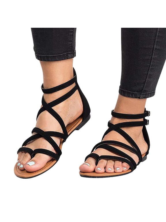 Gladiator Sandals for Women Strappy Flat Sandals with Ankle Strap Wide Width Open Toe Cross Strappy Sandals for Women Dressy Summer Beach