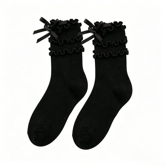 Gealkoca High Ankle Socks Girls Ruffle Crew Socks with Bow Solid Color Sock Ribbed Bow Warm Mid Calf Socks 3-10 Years