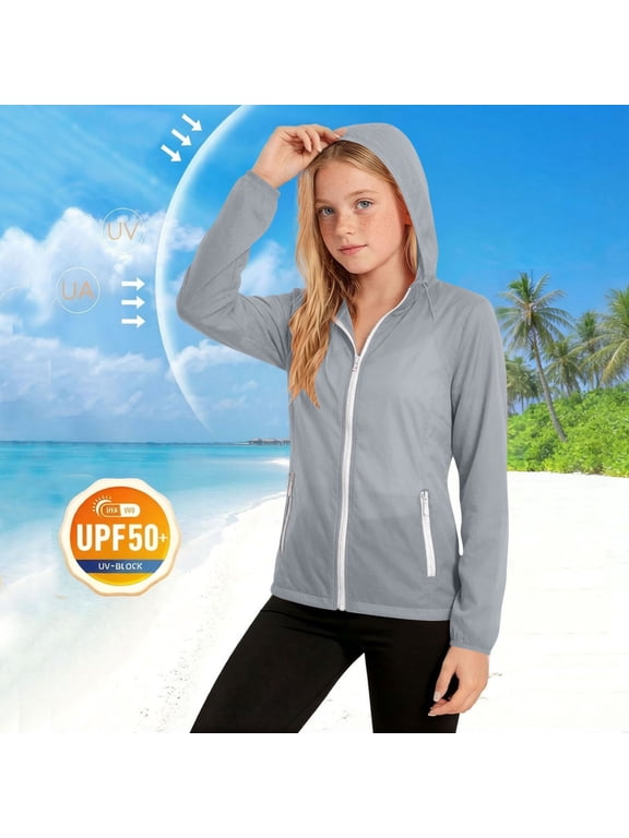 Kids UPF 50+ Sun Protection Hooded Jacket, Lightweight Zip Up Outdoor Skin Coat for Boys Girls 5-12 Years