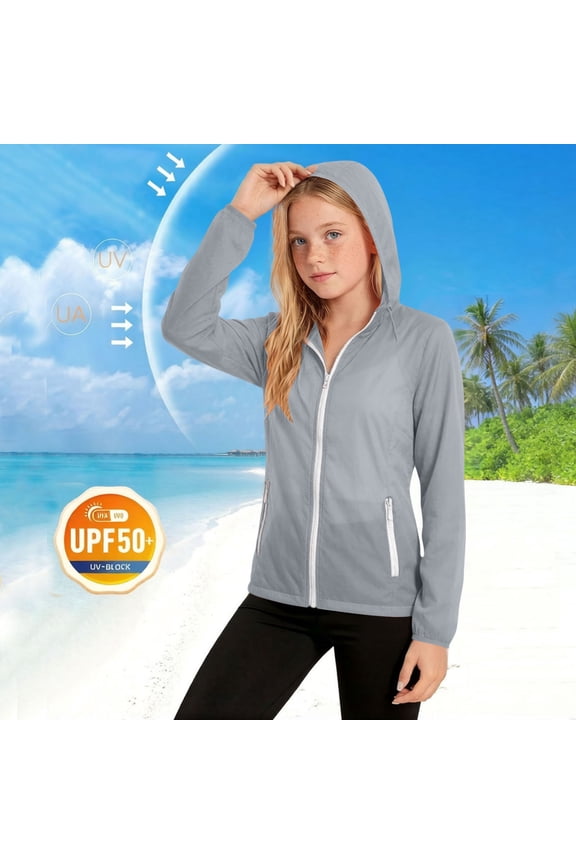 Kids UPF 50+ Sun Protection Hooded Jacket, Lightweight Zip Up Outdoor Skin Coat for Boys Girls 5-12 Years