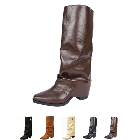 Gealkoca Knee High Boots Women Fold Over Shark Boots Pointed Toe Block Heels Boots Fashion Women's Casual Solid Color Boots Mid Heel Slouchy Boots