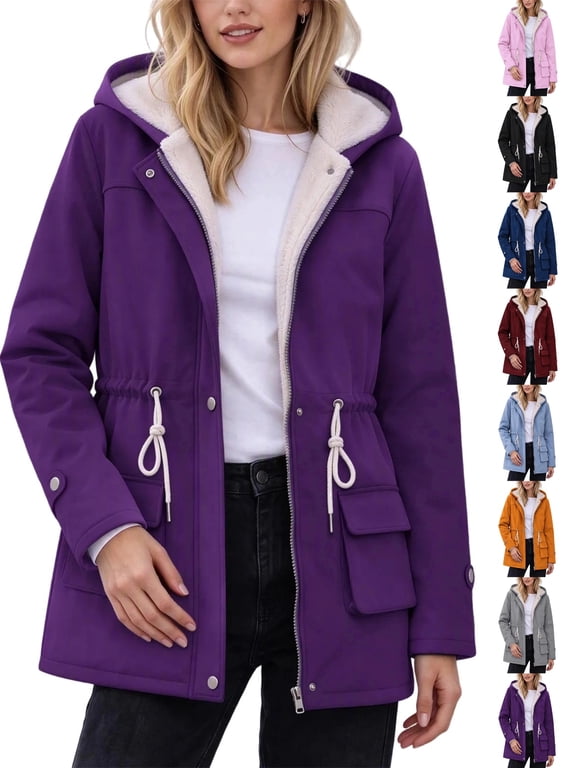 Long Winter Coats for Women, Fleece Lined Hooded Parka Jacket Long Sleeve Water Resistant Zip Up Outerwear with Multi Pockets, Drawstring Waist Warm Winter Fall Coat for Daily Wear