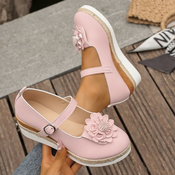 Gealkoca Mary Jane Shoes for Women Closed Toe Flats with Adjustable Strap Casual Summer Thick Soled Shoes Flower Belt Buckle Wedge Heel Sandals