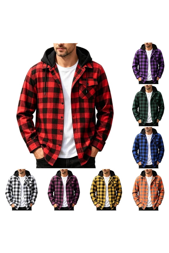 Men's Hooded Plaid Flannel Shirt Jacket, Long Sleeve Button Down Two-Layer Collar Shacket with Flap Pocket, Casual Fall Outwear,Red_3XL
