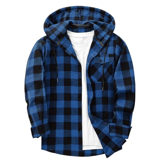 Gealkoca Men's Long Sleeve Hooded Plaid Button Down Shirt, Casual Flannel Shacket with Front Pocket, Relaxed Fit Hoodie Top for Fall and Spring