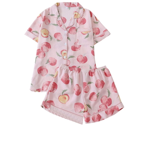 Gealkoca Pajamas for Women Set 2 Piece Soft Button Down Pjs Short Sleeve Summer Lounge Sets Casual Printed Lapel Pocket Top and Shorts Sleepwear
