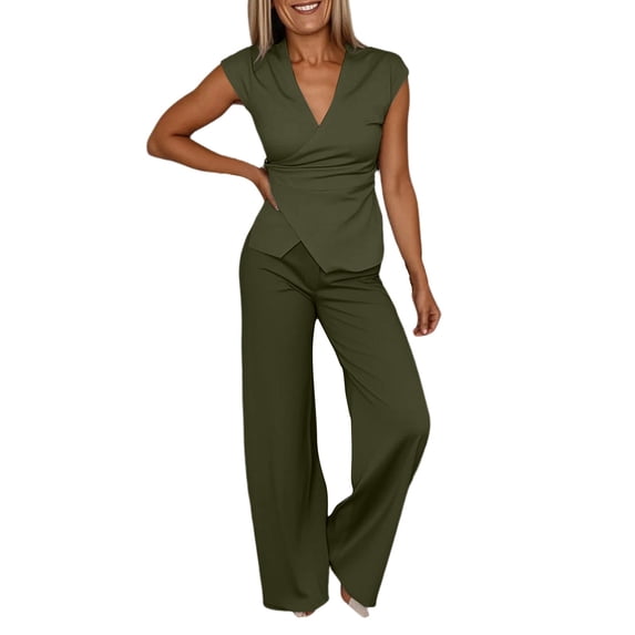 Gealkoca Pant Suits for Women Dressy 2 Piece Business Casual Outfits Vest and Elastic Waist Straight Leg Pants Set for Office Work Casual Matching Set