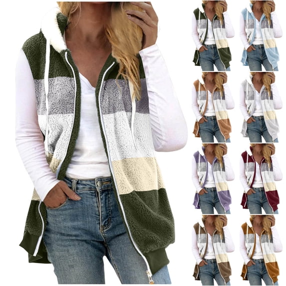Gealkoca Plus Size Oversized Vest Womens Fleece Warm Hooded Vest Color Block Sleeveless Zip Up Jacket with Pockets Womens Fall Winter Warm Outerwear