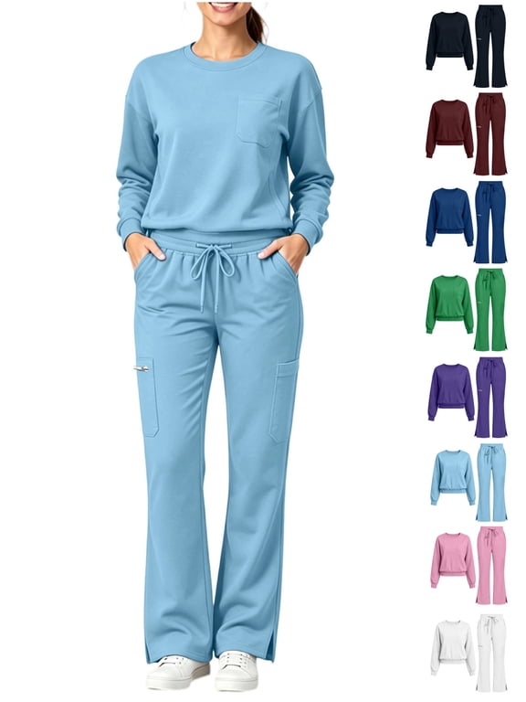Scrubs for Women Set, Women's Long Sleeve Scrub Set 4-Pocket Medical Uniform Nurse Workwear with Drawstring Waist for Hospital Daily Wear
