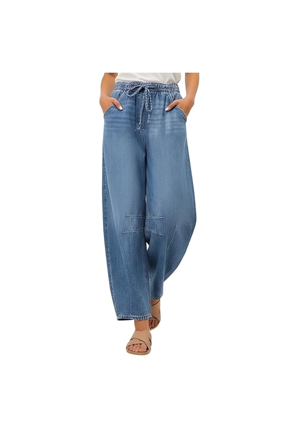Straight Leg Jeans for Women Trendy High Waisted Loose Wide Leg Pull On Elastic Waist Stretchy Denim Pants Drawstring Jeans with Pockets